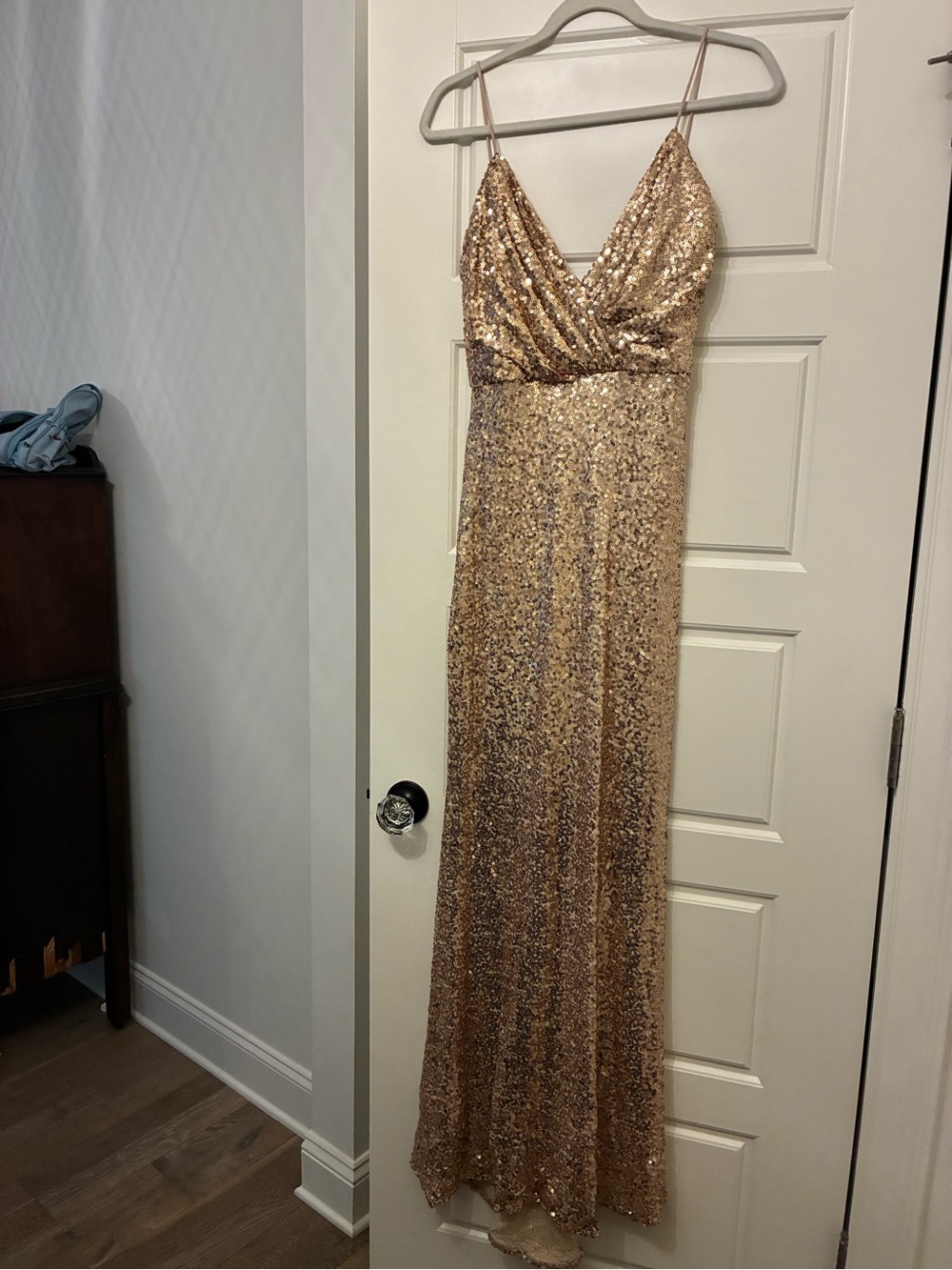 Badgley Mischka Gold Sequin Spaghetti-Strap Maxi Gown - Picture 2 of 5